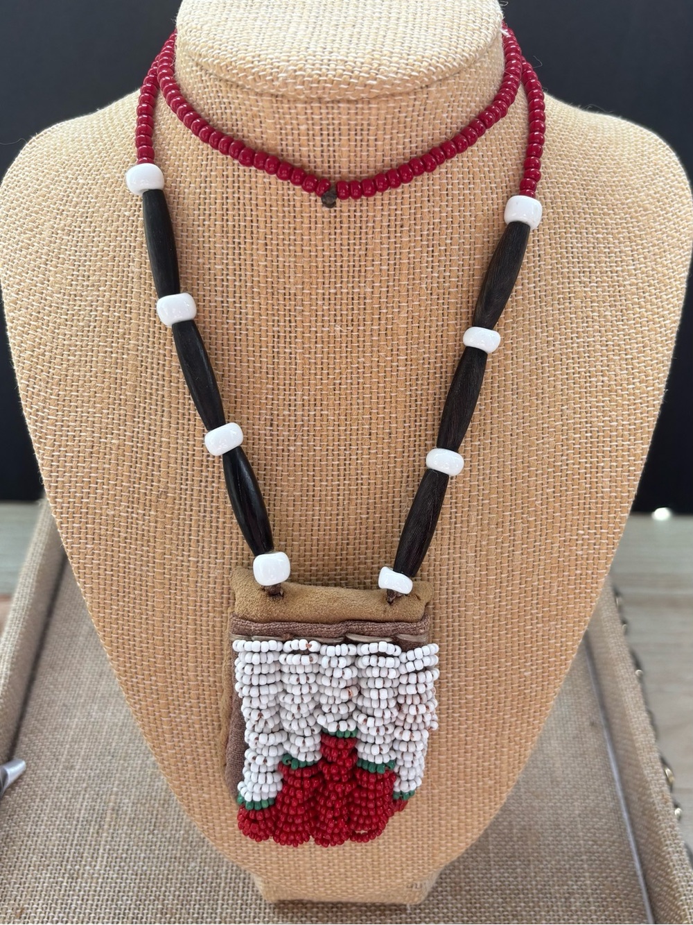 Vintage Southwestern Beaded Functional Medicine Bag Hairpipe Necklace